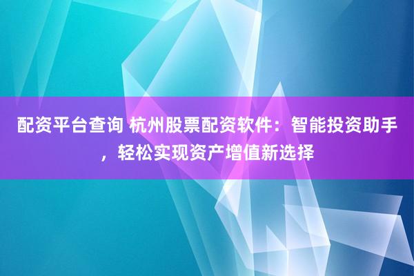 配资平台查询 杭州股票配资软件：智能投资助手，轻松实现资产增值新选择